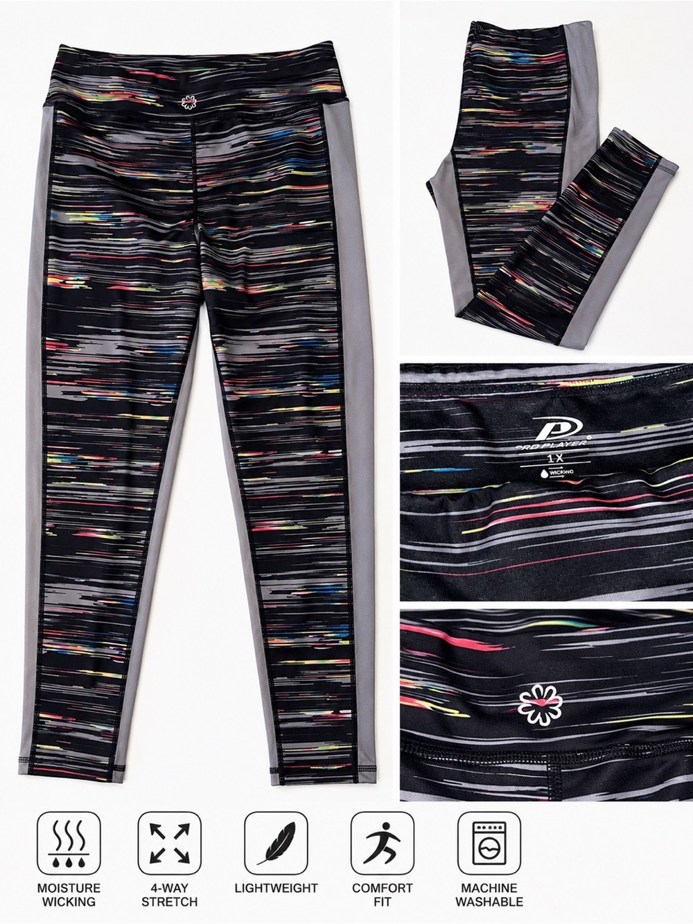 Danskin Now Black Multi-Striped Leggings with Gray Side Panels